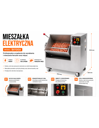 Mieszałka elektryczna 100L 400V przemysłowa wychylna do farszu i mięsa na kiełbasy