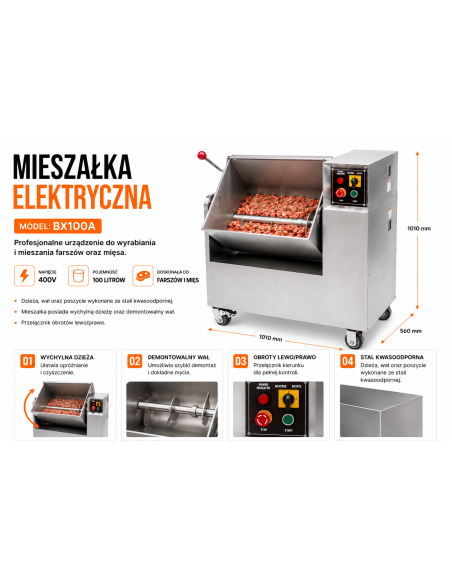Mieszałka elektryczna 100L 400V przemysłowa wychylna do farszu i mięsa na kiełbasy