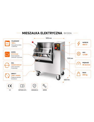 Mieszałka elektryczna 120L 400V przemysłowa wychylna do farszu i mięsa na kiełbasy