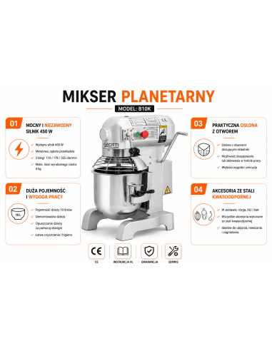 Mikser planetarny 10L 230V Grotti – gastronomiczna mieszałka do ciasta, kremów, jaj i bitej śmietany