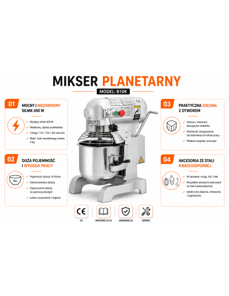 Mikser planetarny 10L 230V Grotti – gastronomiczna mieszałka do ciasta, kremów, jaj i bitej śmietany