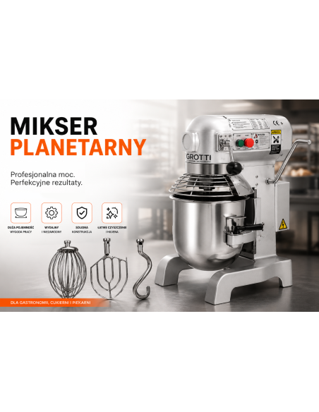 Mikser planetarny 10L 230V Grotti – gastronomiczna mieszałka do ciasta, kremów, jaj i bitej śmietany