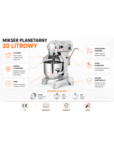 Mikser planetarny 20L 230V z timerem, mieszałka do ciasta, kremu, ubijania jaj