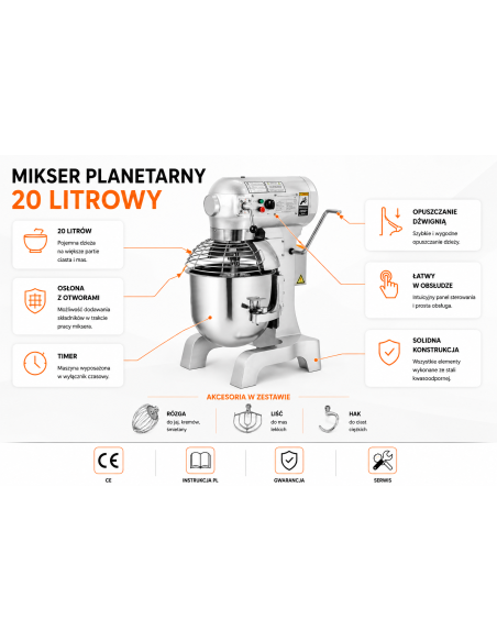 Mikser planetarny 20L 230V z timerem, mieszałka do ciasta, kremu, ubijania jaj