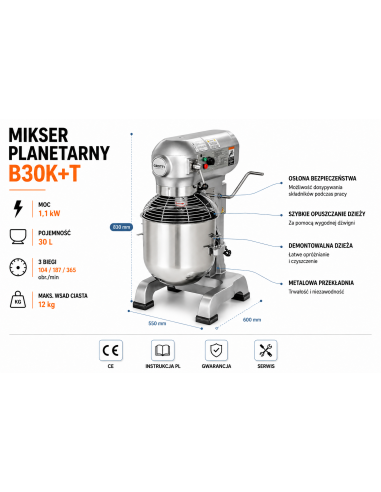 Mikser planetarny z timerem 30L 400V mieszałka do ciasta, kremów, ubijania jaj