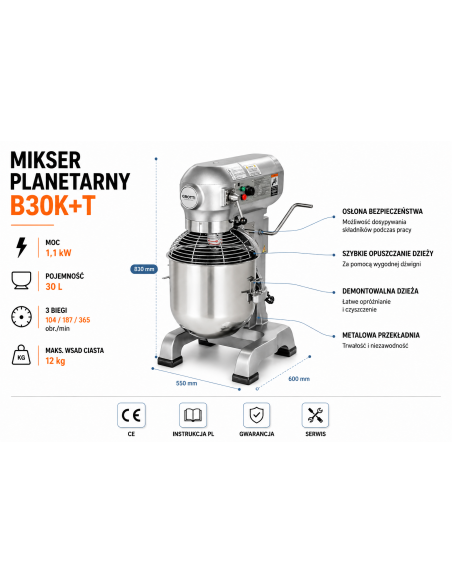 Mikser planetarny z timerem 30L 400V mieszałka do ciasta, kremów, ubijania jaj