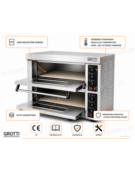 Elektryczny piec do pizzy dwukomorowy 6,4kW 400V szamot 2x pizza 40cm