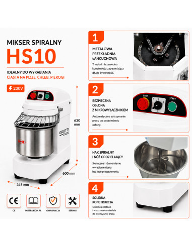 Mikser spiralny 10L 230V mieszalnik do ugniatania ciasta chlebowego, do pizzy, pierogów
