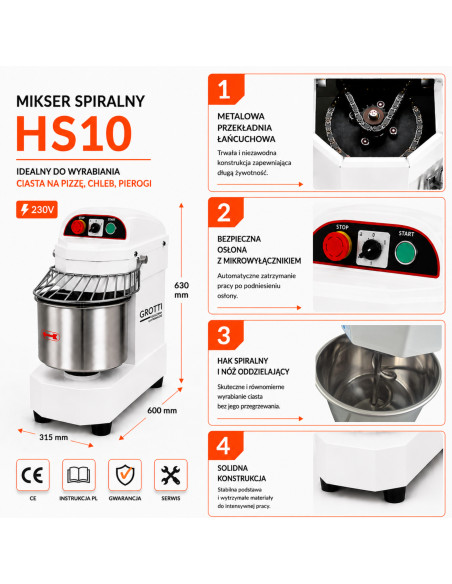 Mikser spiralny 10L 230V mieszalnik do ugniatania ciasta chlebowego, do pizzy, pierogów